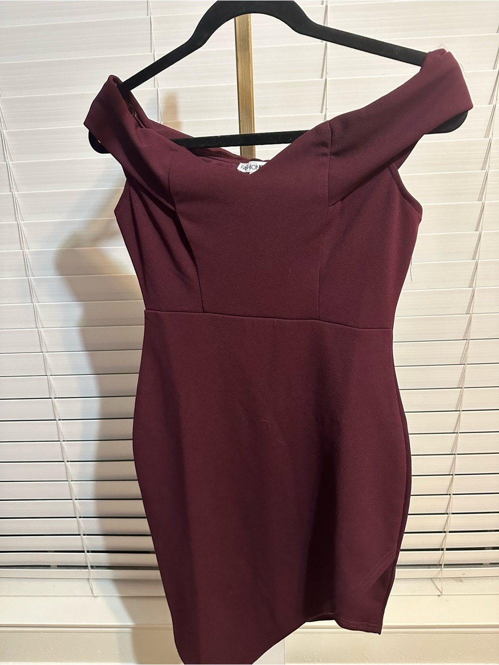 Fashion Nova Burgundy Off-Shoulder Asymmetrical Sheath Dress
